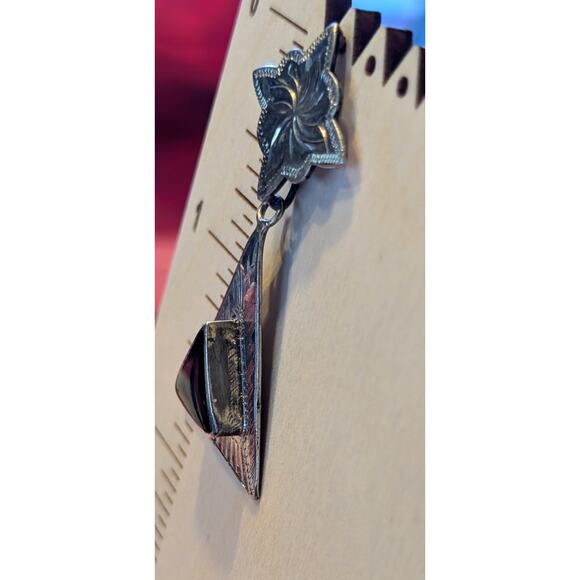 Vintage 925 LEX Sterling Silver Black Onyx Dangle Post Earrings - Picture 5 of 7